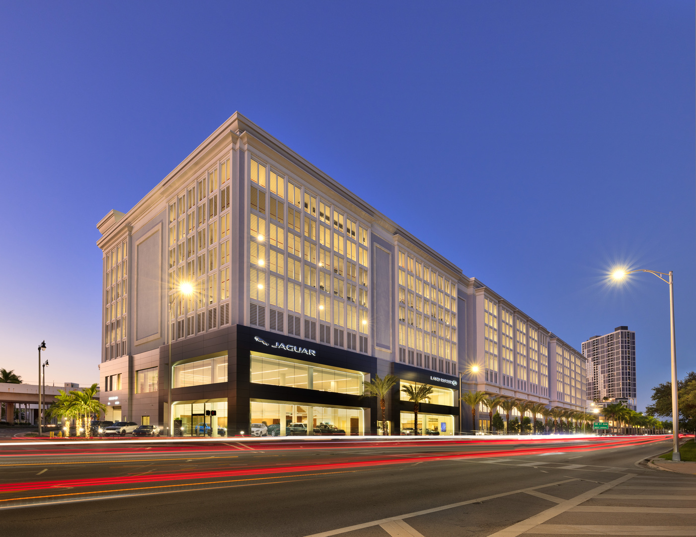 Jaguar Land Rover Dealership seen at night