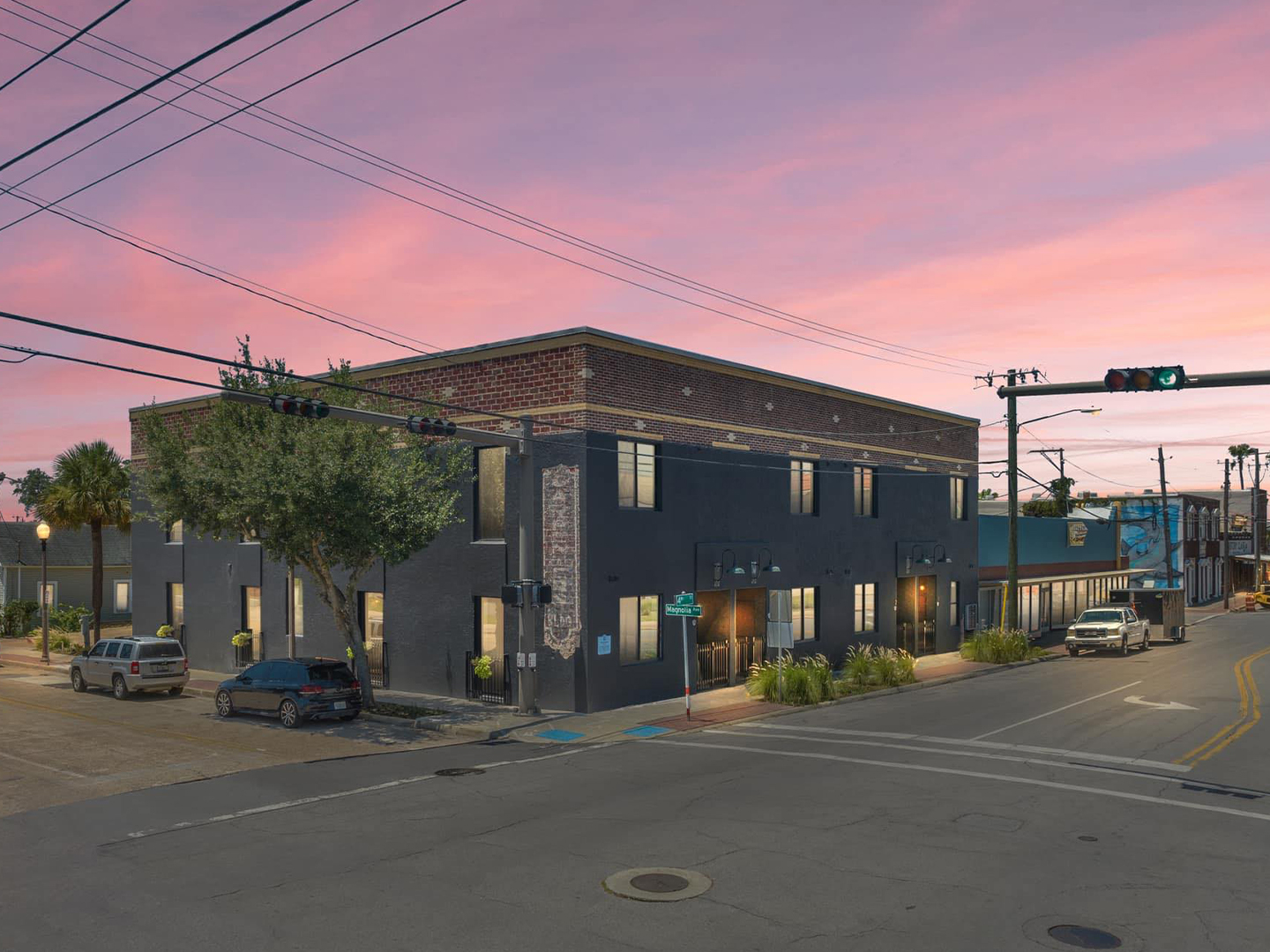 the page building seen from the opposite street corner